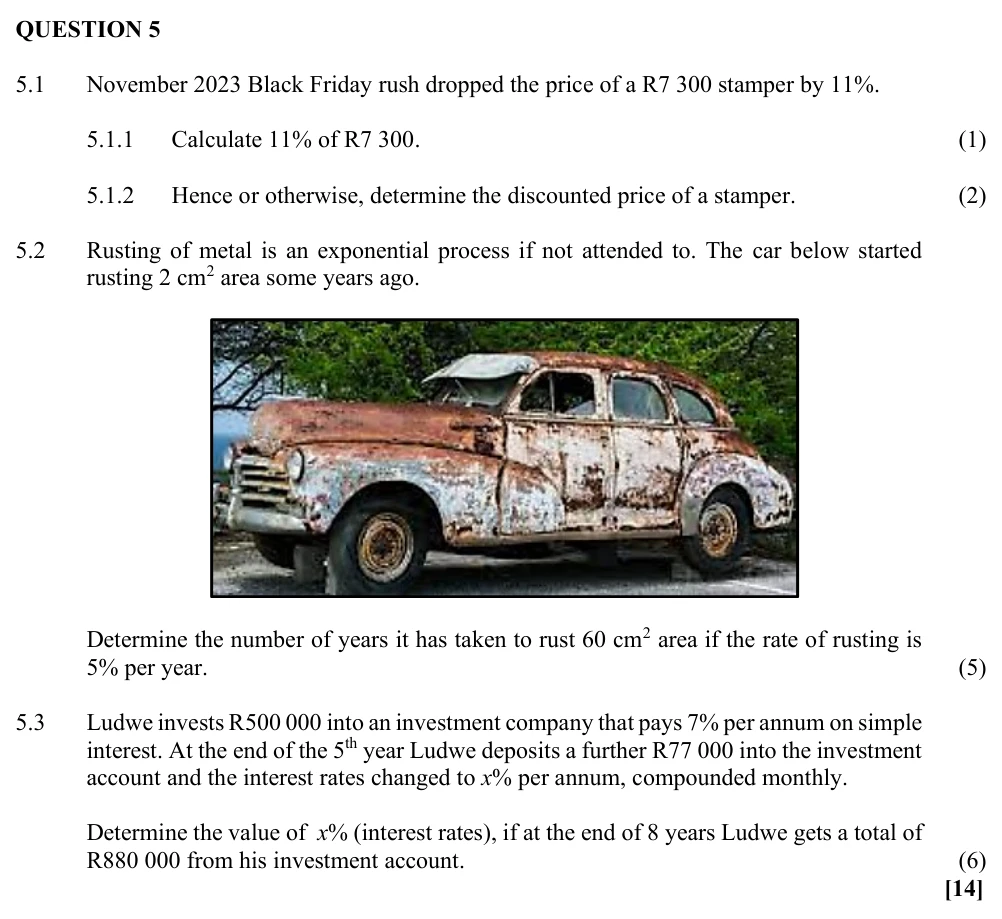 Grade 12 Technical Mathematics Finance, growth, and decay practice question