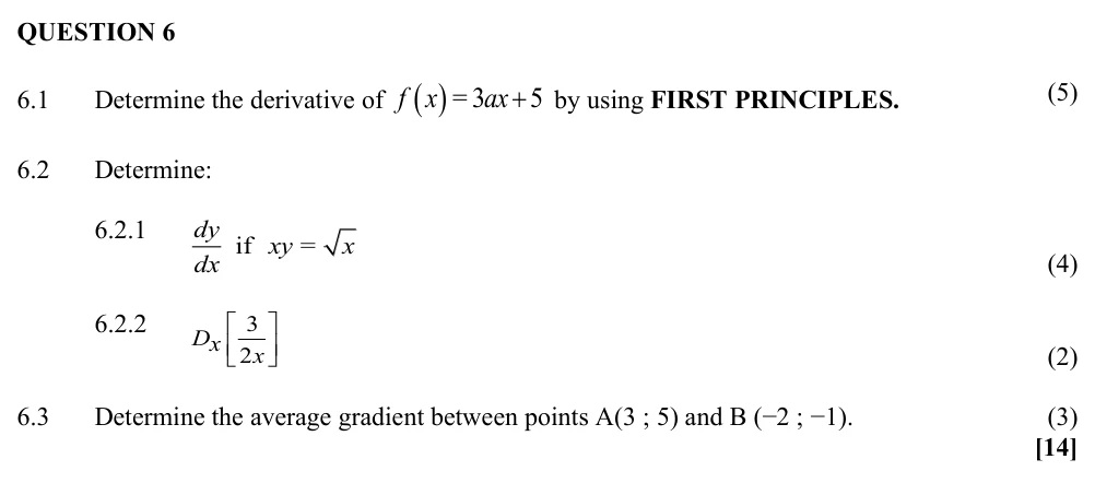 Grade 12 Technical Mathematics Differential Calculus practice question