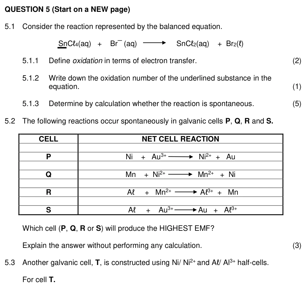 Grade 12 Technical Sciences Electrochemical Cells practice question