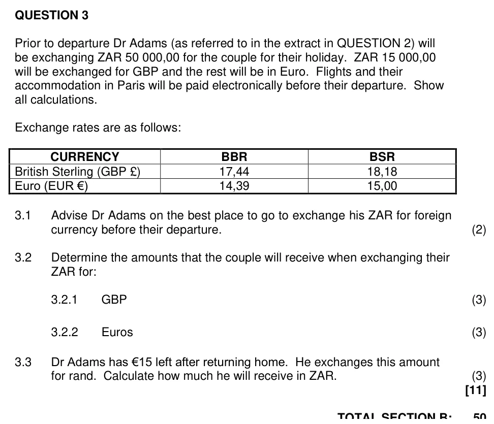 Grade 12 Tourism Marketing and Foreign Exchange practice question