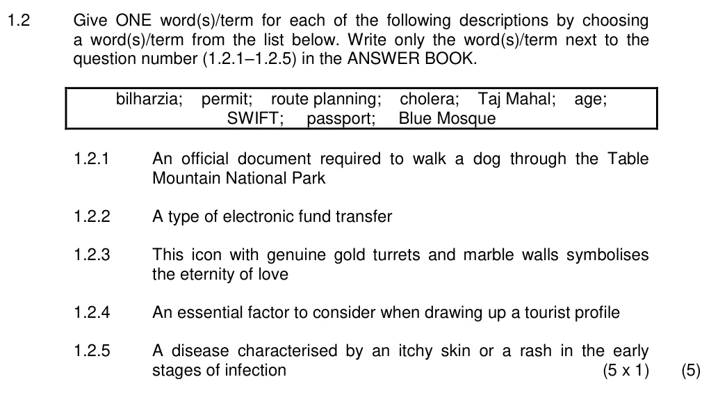 Grade 12 Tourism Map Work and Tour Planning practice question